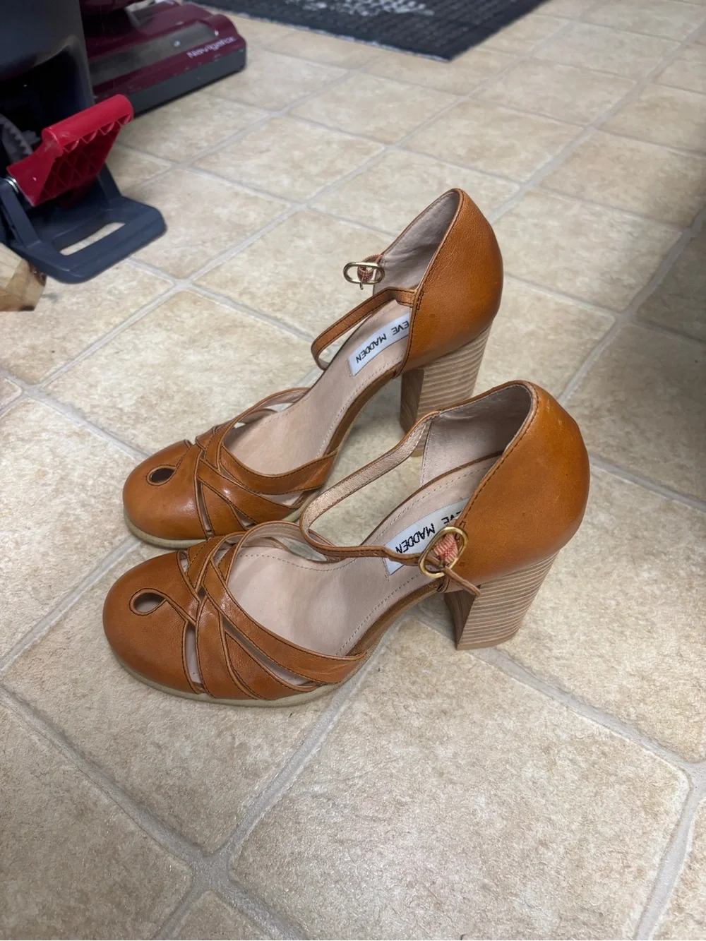 Steve Madden Tan Leather Ankle-Strap Peep-Toe Heels